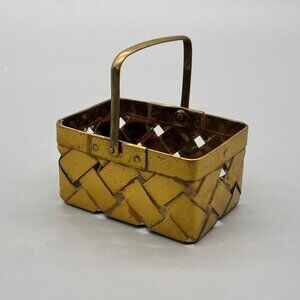 Vintage Brass Woven Miniature Decorative Basket With Handle Small Brass Display